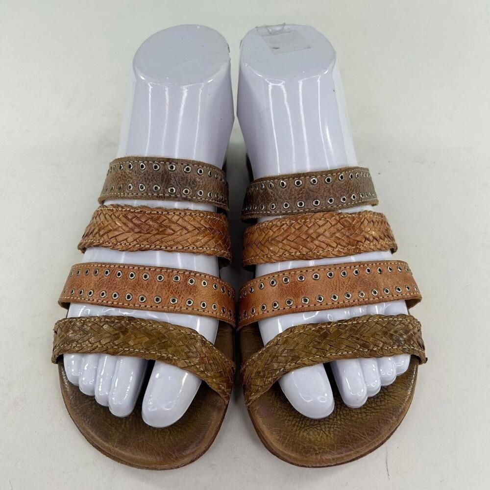 Bed Stu Henna Women's Sandals US 6.5 Brown Strappy Woven Leather Studded Slide - Picture 4 of 11